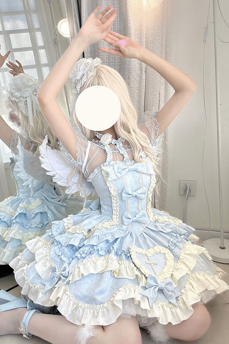 Blue Heart of Butterfly Halterneck Sleeveless Multi-Layered Ruffle Embroidery Princess Ballet Lolita Jsk Dress Set