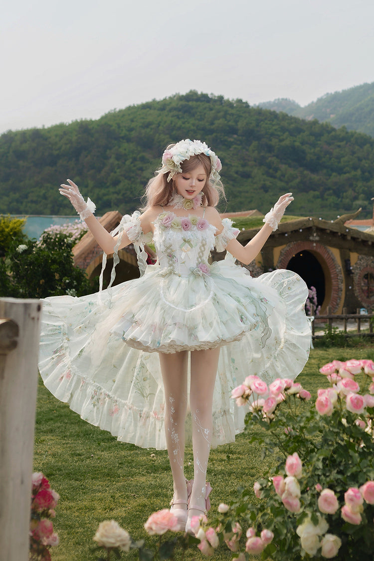 Green Spring Rose Sleeveless Multi-Layered Bowknot Lace-Up Fishbone Sweet Lolita Jsk Dress