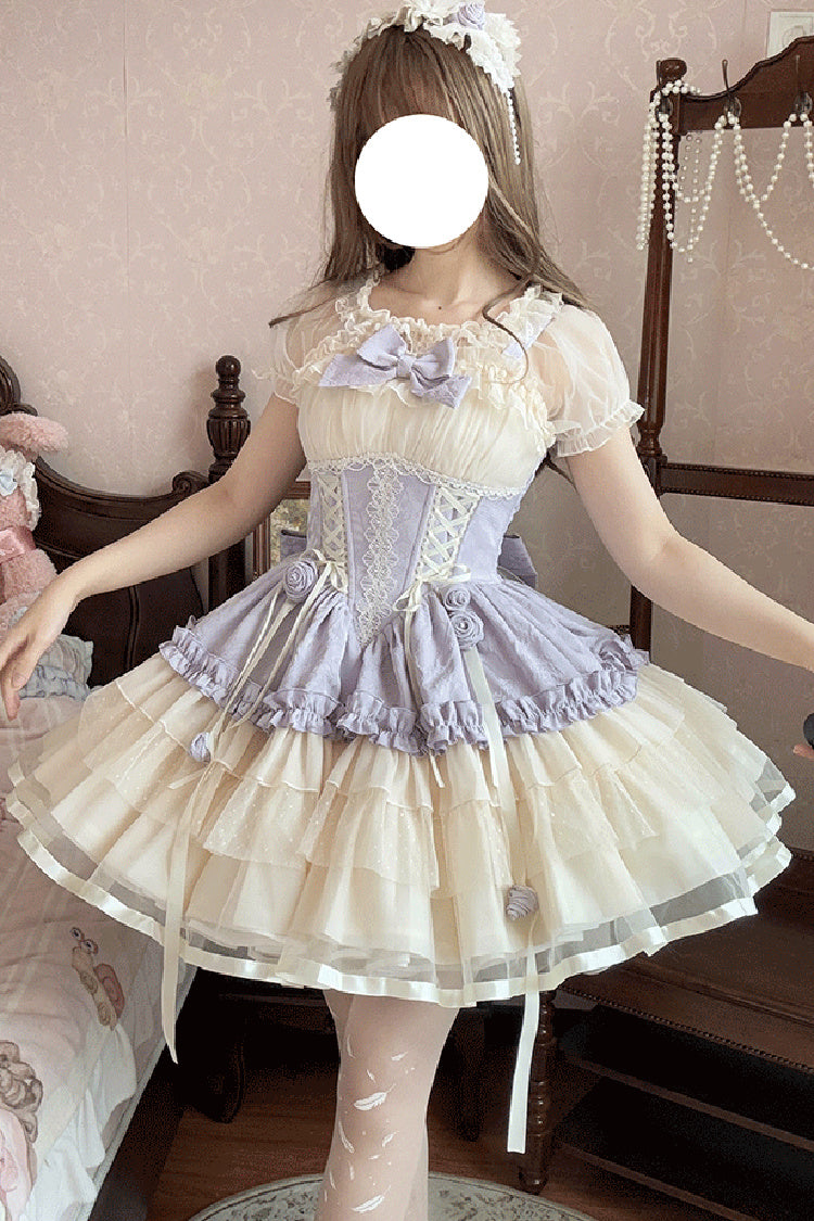 Purple/Ivory Dance of Time Triple-Layered Ballet Style Bowknot Lace-Up Sweet Lolita Jsk Dress