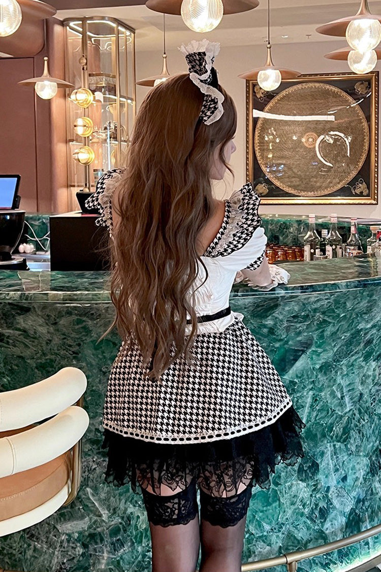 Black/White Lovely Houndstooth Square Collar Short Sleeves Print Ruffle Bowknot Lace Maid Sweet Lolita Dress