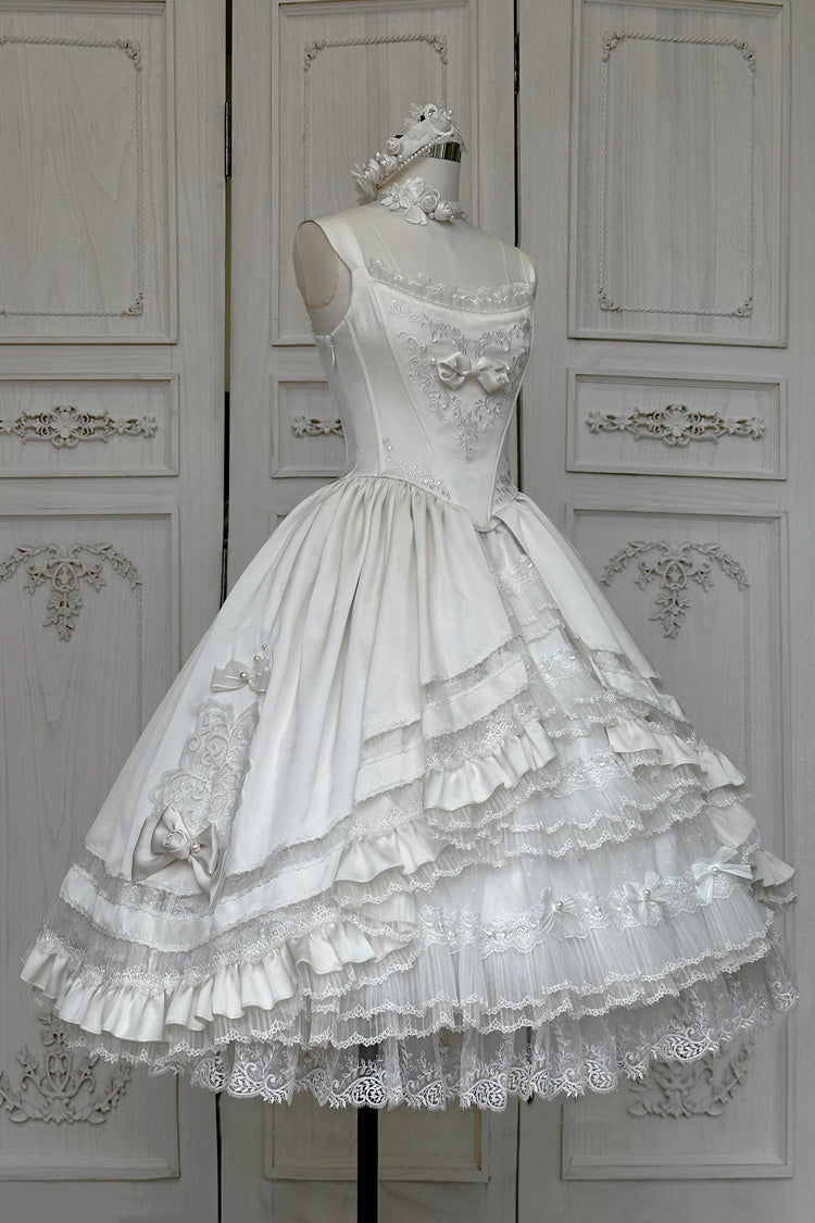 White Promise of the Rose Multi-Layered Ruffled Hanayome Open-Front Bow Sweet Gorgeous Lolita Jsk Dress Set