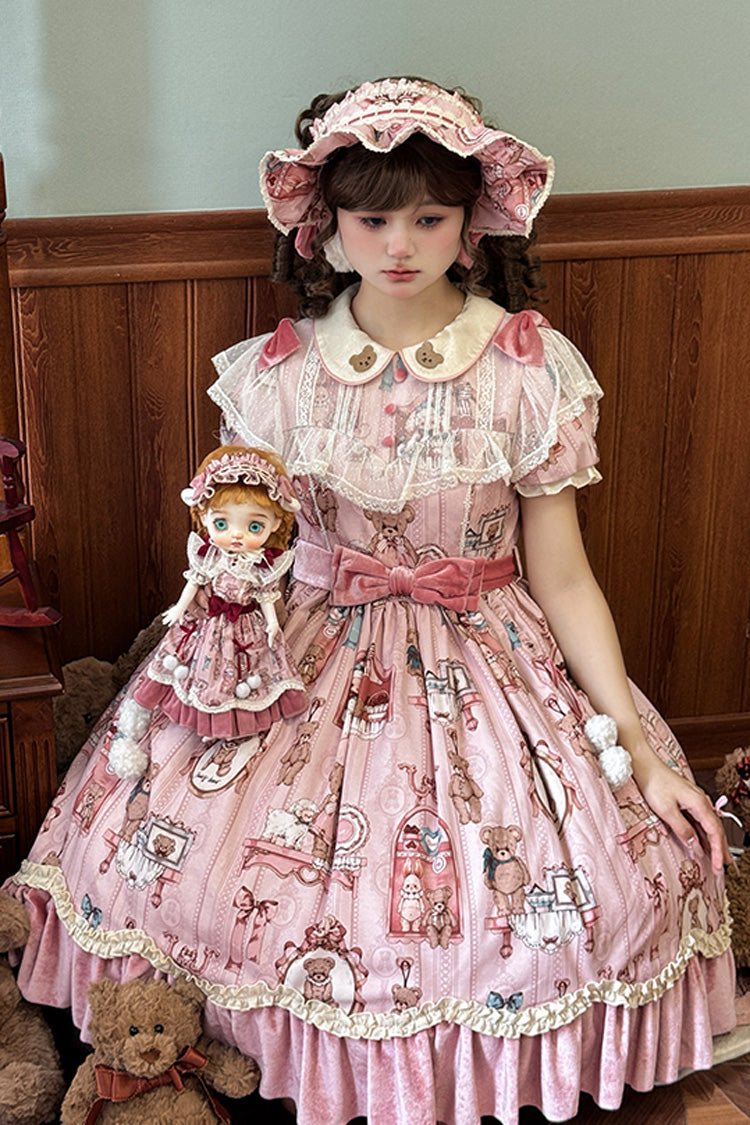 Pink Bear Doll Wall Print Short Sleeves Ruffle Embroidery Bowknot Sweet Lolita Dress