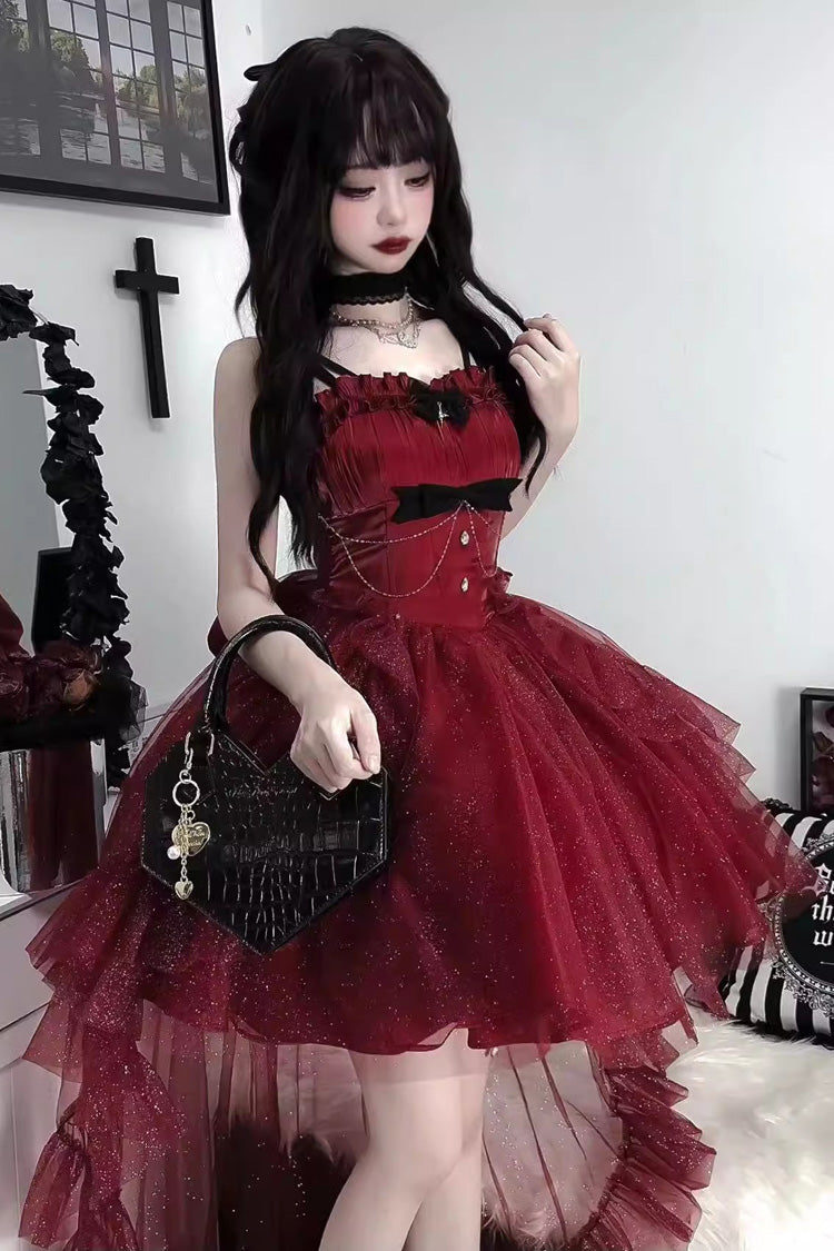 Red Shining Bowknot Irregular Sweet Princess Gorgeous Lolita Jsk Dress (Include Train)