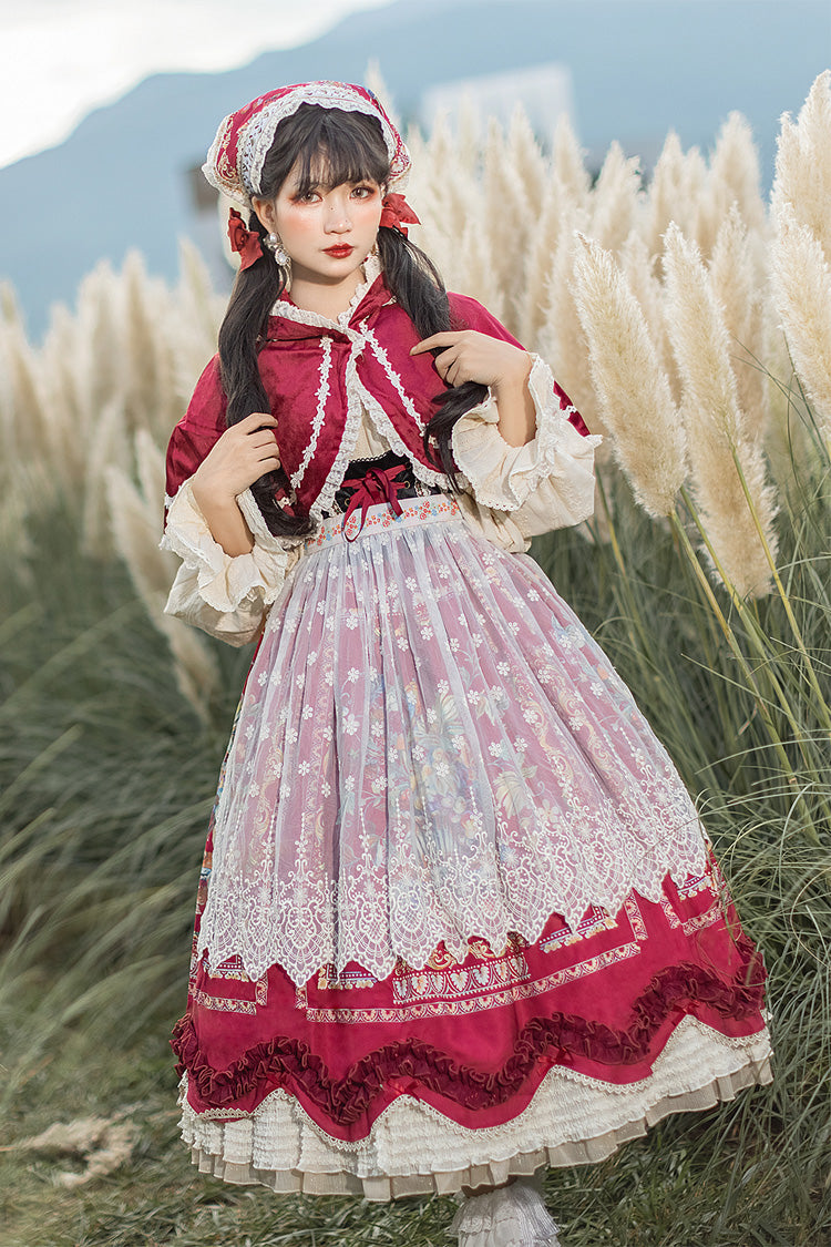 Wine Red Ode to Plenty Berries and Birds Print Ruffle Bowknot Velvet Classic Lolita Breast Support Jsk Dress