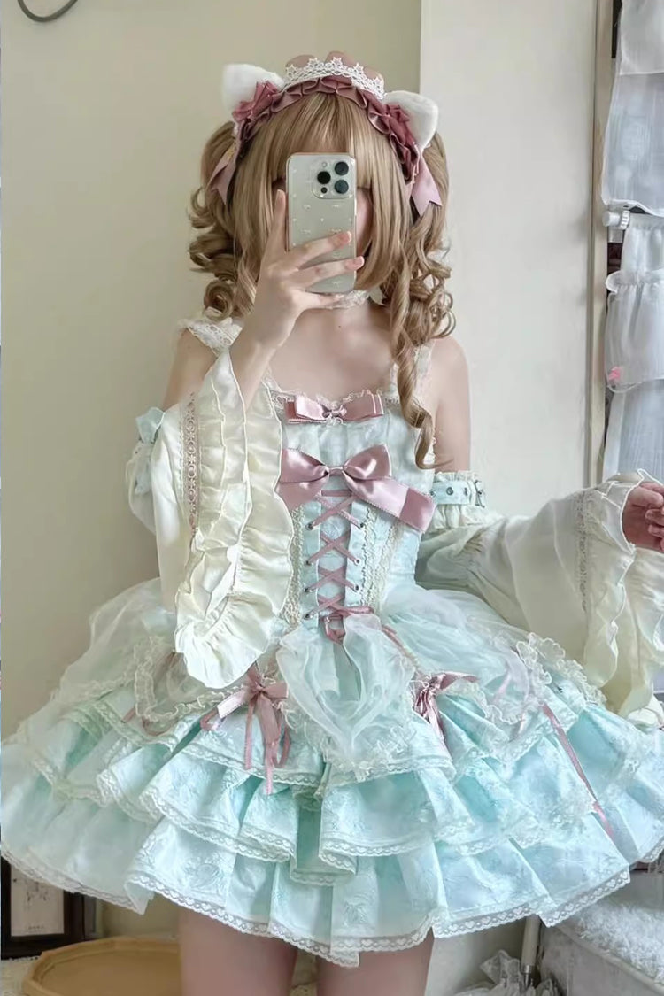 Green Sleeveless Multi-layer Ruffle Bowknot Lace-Up Sweet Princess Lolita Jsk Dress