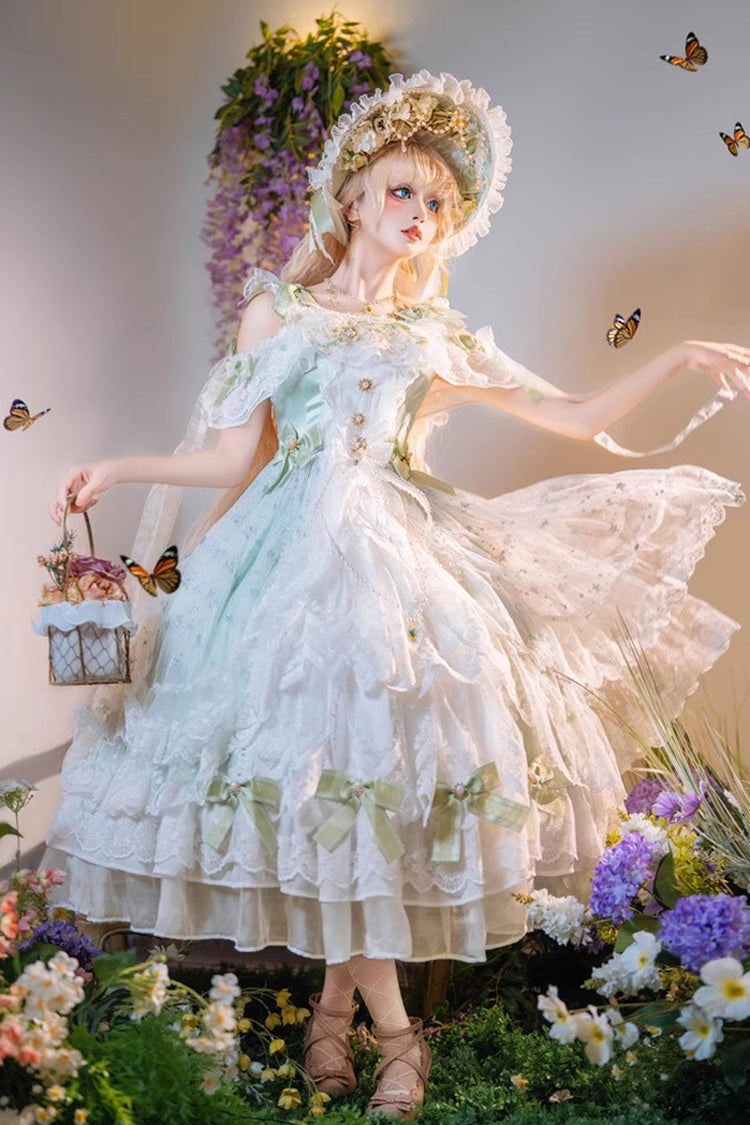 Green Glazed Phantom Off Shoulder Ruffle Hanayome Bowknot Lace Sweet Elegant Lolita Dress