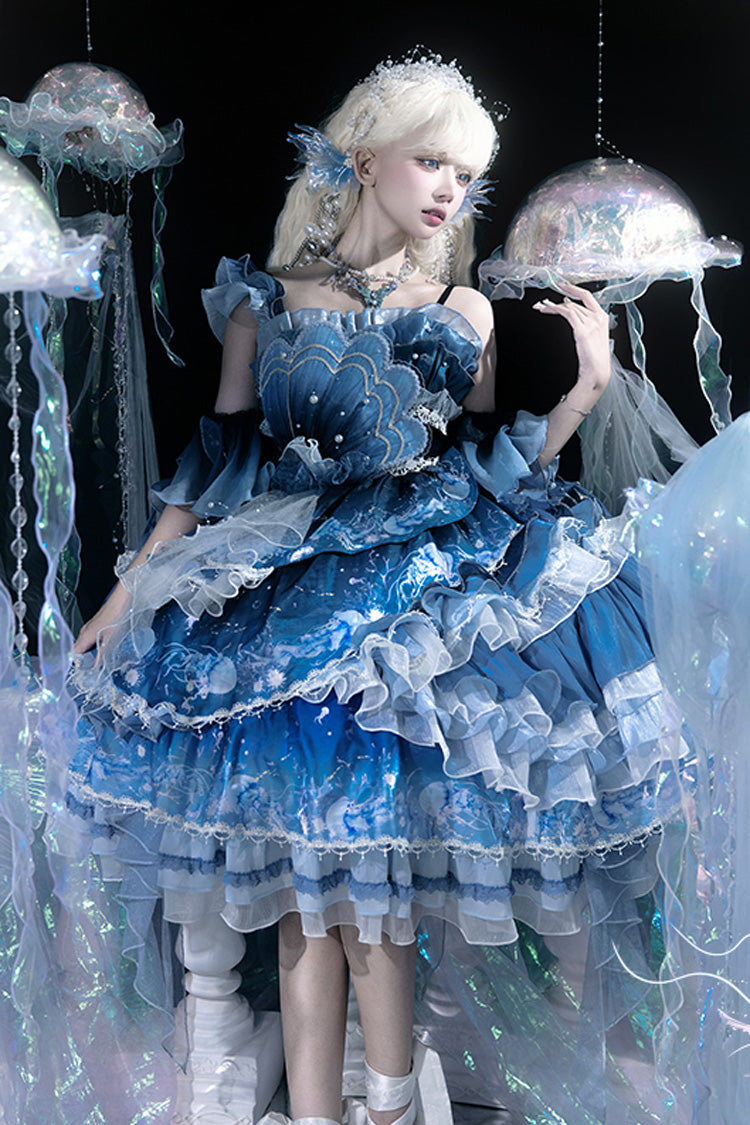 Blue Jellyfish Gradient Print Ruffle Embroidery Bowknot Lace Asymmetric Sweet Elegant Lolita Jsk Dress