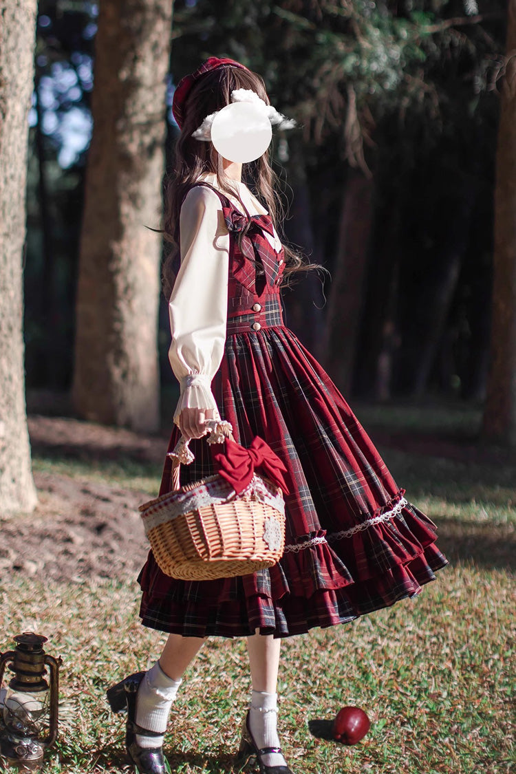 Red Little Red Riding Hood Double-Layered Plaid Print Ruffle Bowknot Sweet Vintage Lolita Jumper Dress