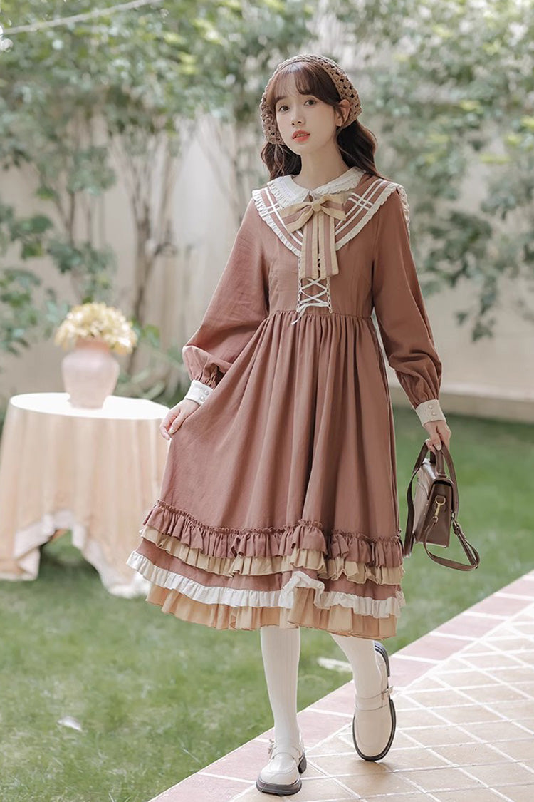 Brown Long Sleeves Multi-layer Ruffle Two Fake Pieces Sweet Lolita Dress