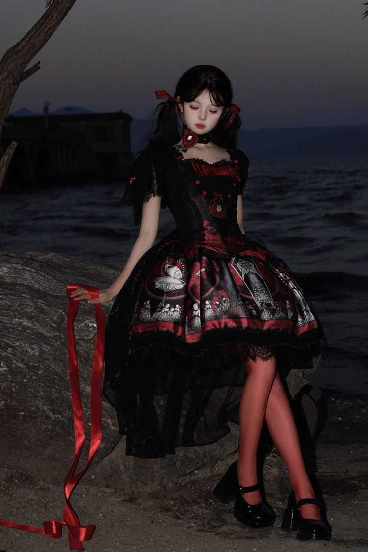 Red Dark Moon Corridor Print Embroidery Gothic Lolita Dress Skirt