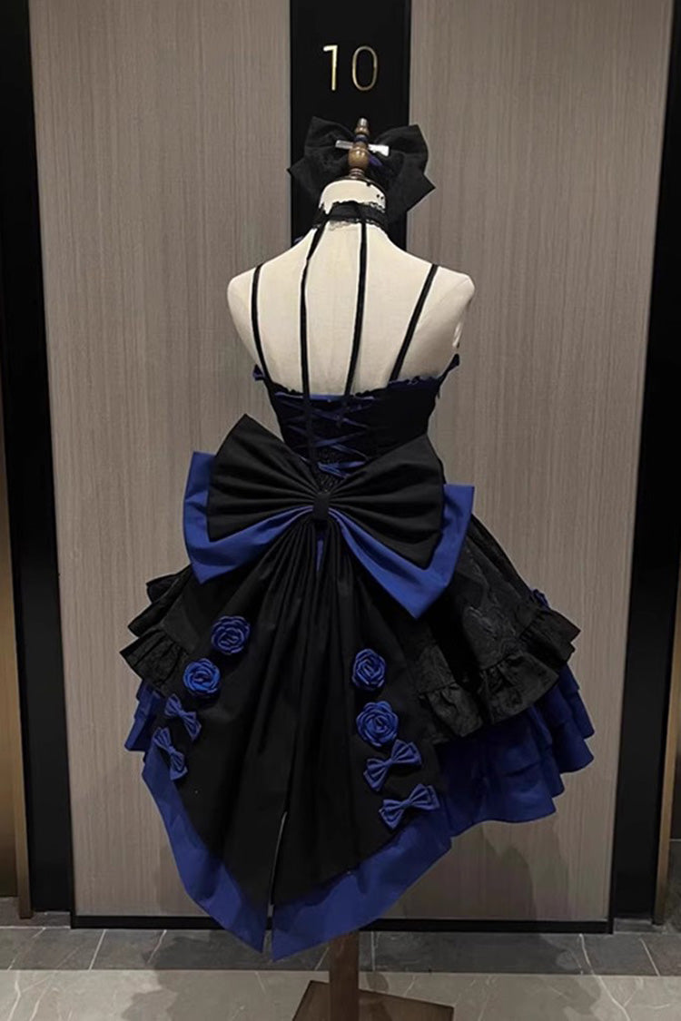 Black/Blue Print Ruffle Bowknot Gothic Princess Lolita Jsk Dress