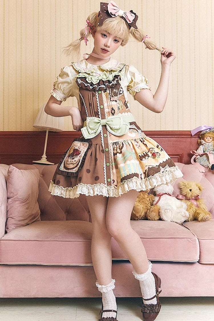 Brown Cake Chocolate Dessert Print Ruffle Bowknot Sweet Lolita Strap Dress