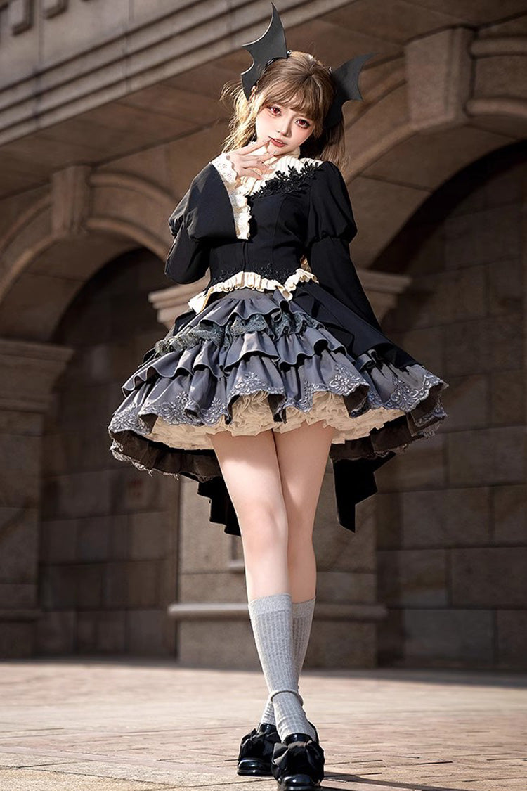 Black Eternal Night Feast Multi-Layered Ruffle Lace Gothic Princess Lolita Top and Skirt Set