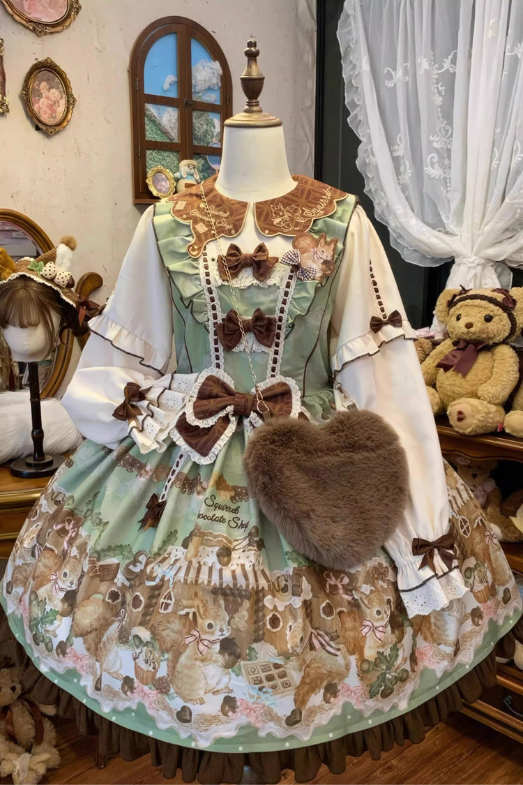 Green Squirrel Chocolate Shop Doll Collar Long Sleeves Printed Ruffled Bow Sweet Lolita Dress