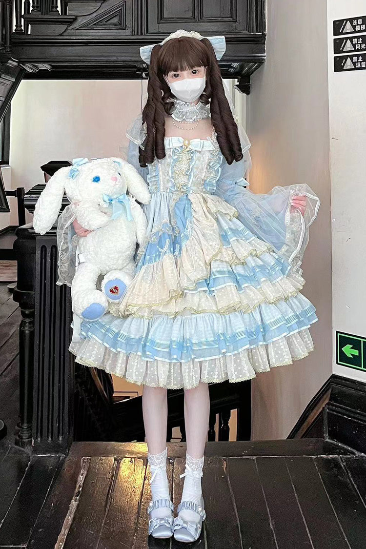 Blue Multi-Layered Ruffle Hanayome Bowknot Lace Sweet Princess Lolita Dress