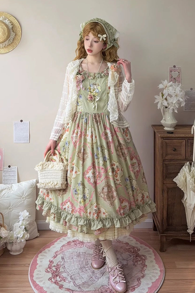 Green Cat Rose Tea Sleeveless Print Ruffle Bowknot Sweet Lolita Jsk Dress