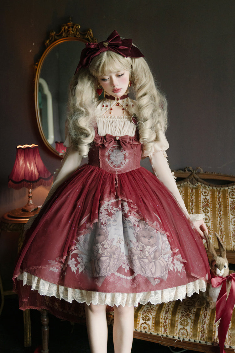 Red Bunny Tea Party Print Ruffle Bowknot Sweet Lolita Jsk Dress