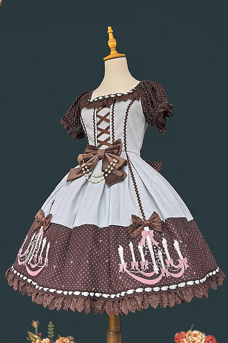 Chandelier Printed Sweet Short Sleeves Bow Lace-Up Pearl-Decorated Lolita Dress 4 Colors