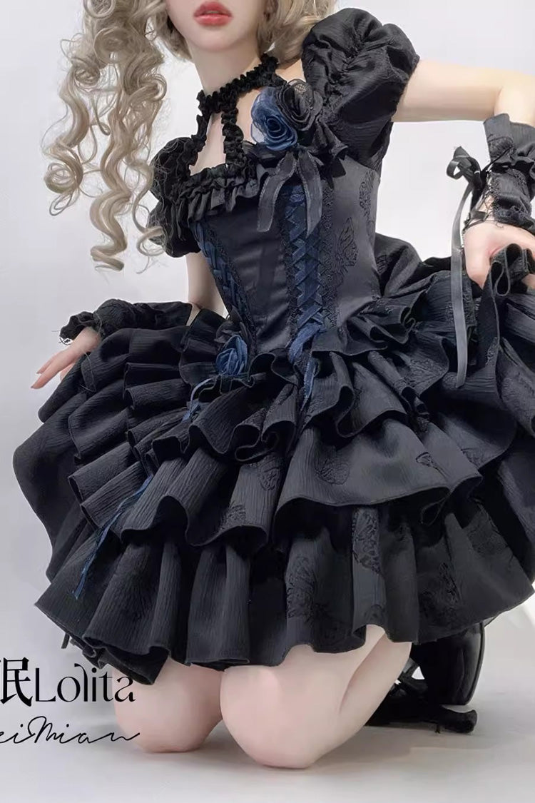 Black Halterneck Short Sleeves Multi-Layered Ruffle Bowknot Lace-Up Fishbone Gothic Lolita Dress
