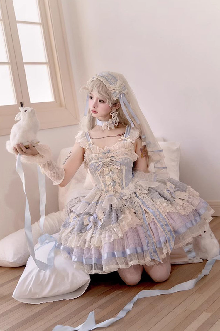 Blue Moonstone Sleeveless Ruffle Embroidery Bowknot Lace Fishbone Sweet Princess Lolita Dress
