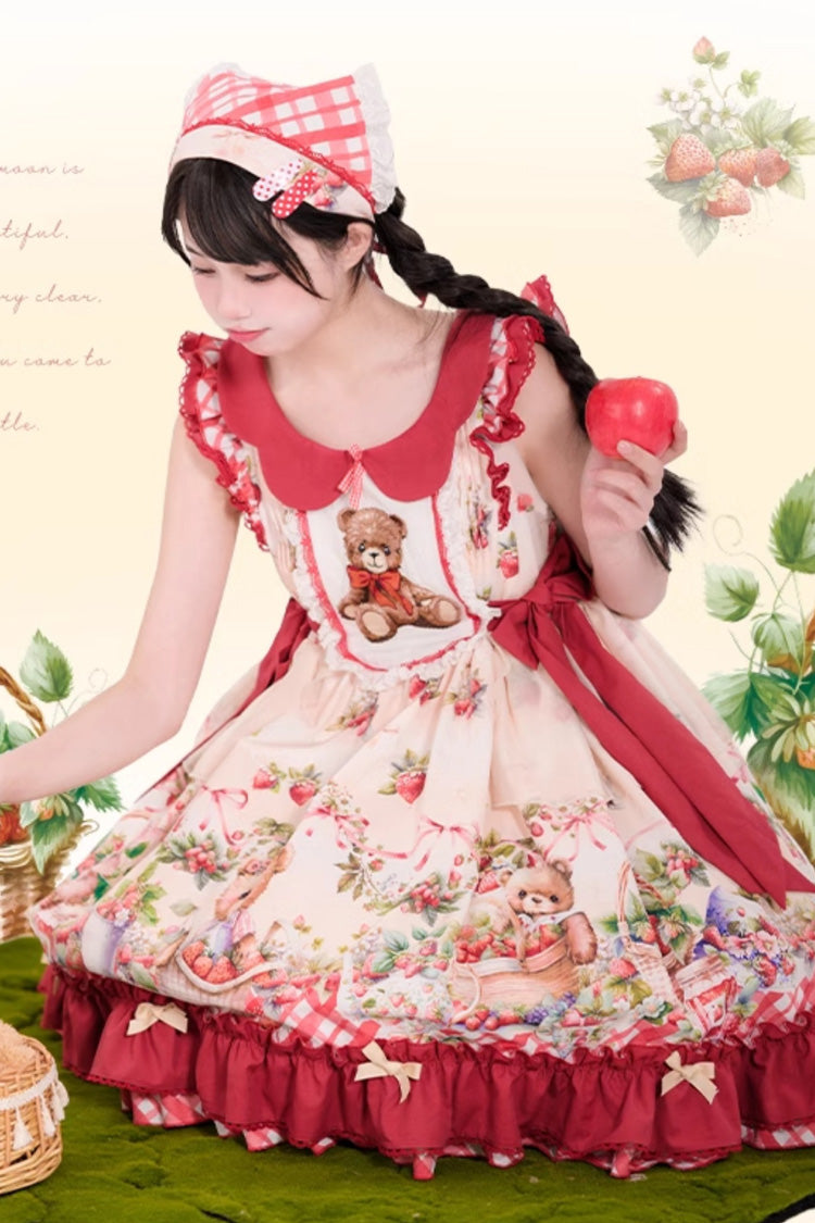 Red December Strawberry Bear Print Ruffle Bowknot Sweet Lolita Dress