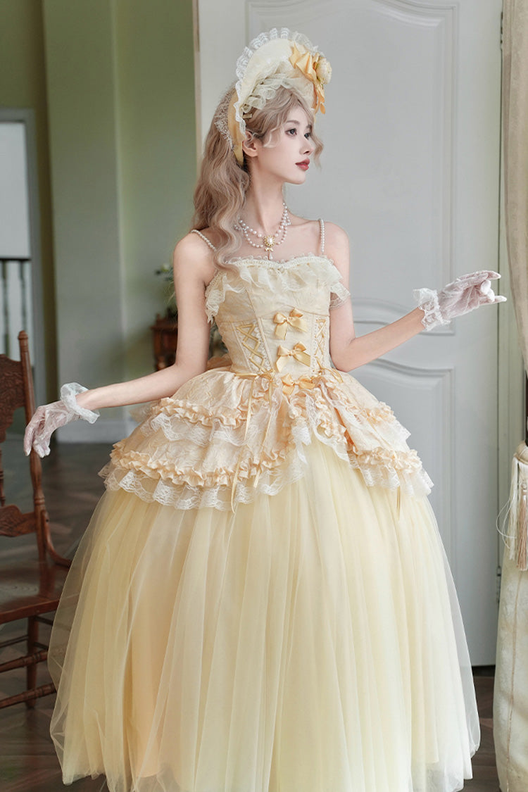 Yellow Sissi's Pilgrimage Off Shoulder Ruffle Bowknot Lace Sweet Lolita Skirt (Long Version)