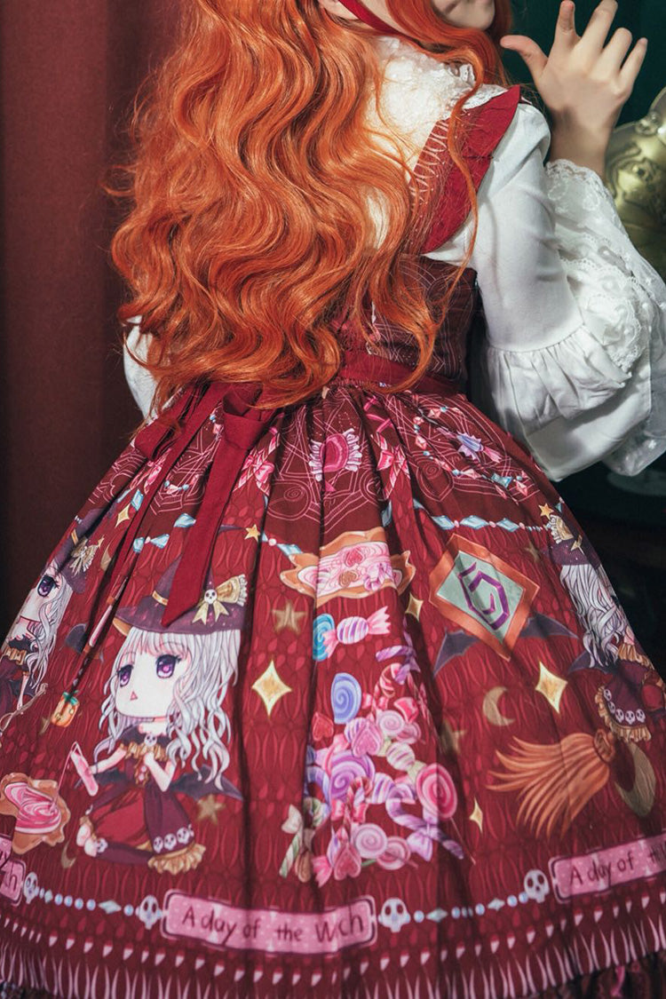 Red Little Witch Sleeveless Print Ruffle Bowknot Sweet Elegant Lolita Jsk Dress