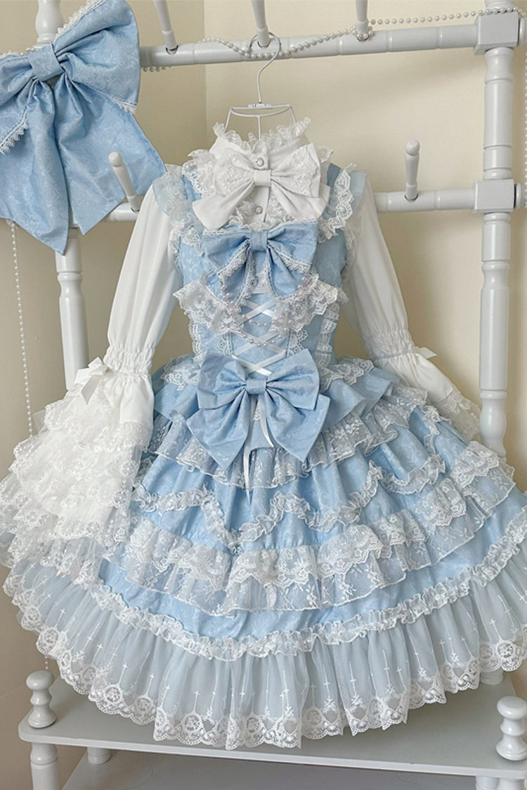 Blue Love and Heart Flutter Sleeveless Multi-Layered Ruffle Bowknot Lace Pearl Sweet Lolita Jsk Dress