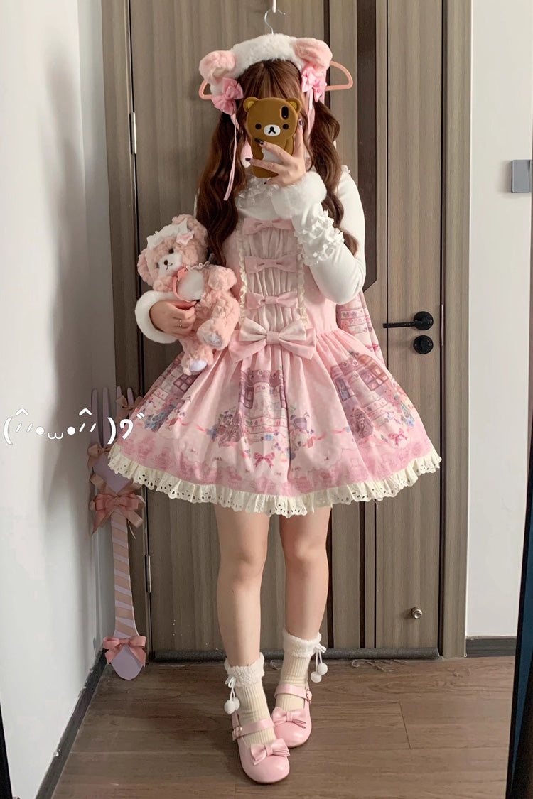 Pink Little Bear Shop Print Sleeveless Bowknot Lace Sweet Princess Lolita Jsk and Strap Dress