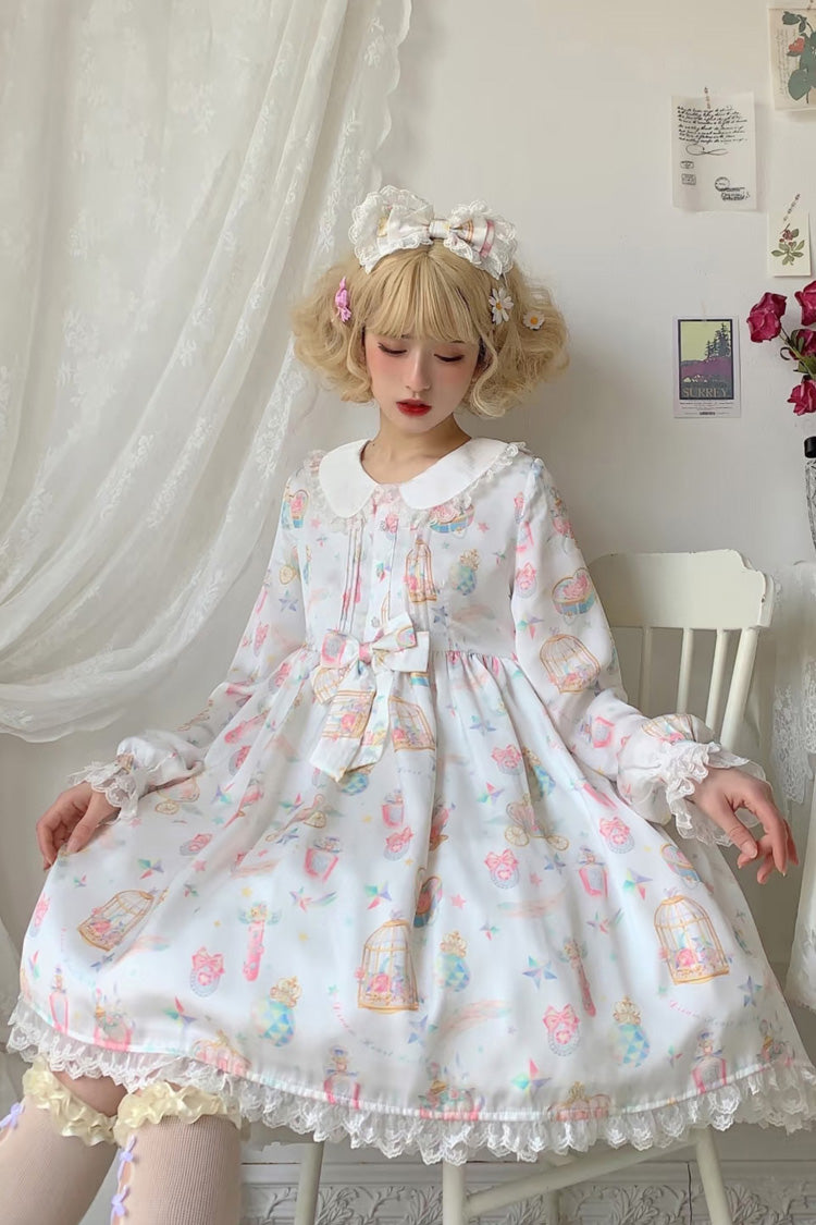 White/Apricot Long Sleeves Print Bowknot Lace Sweet Plus Size Lolita Dress