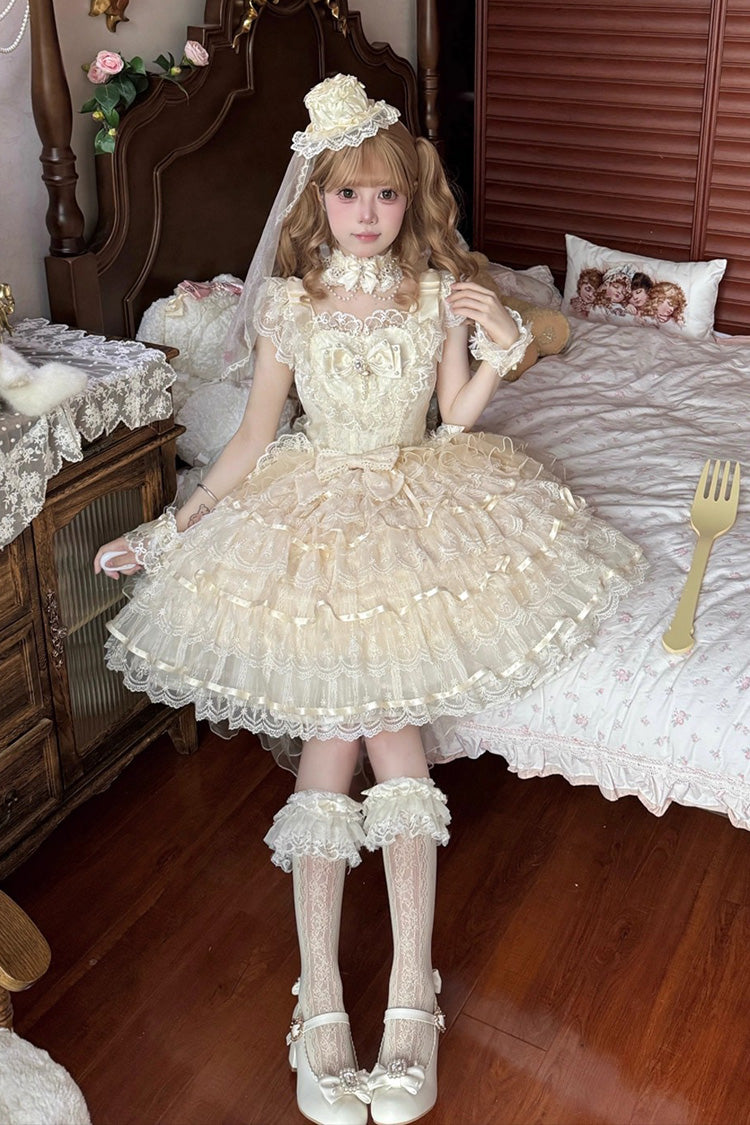 Apricot Ballad of Feathers Sleeveless Multi-Layered Ruffle Hanayome Bowknot Sweet Lolita Jsk Dress