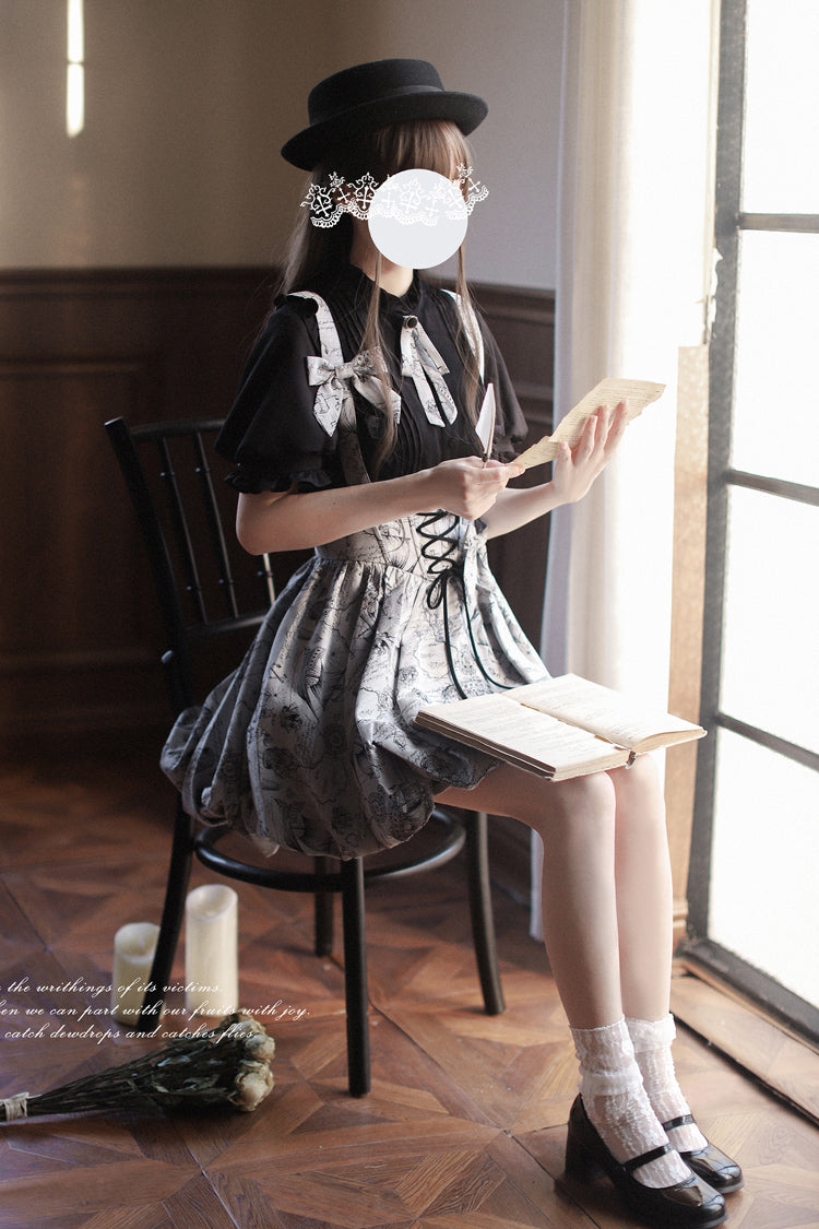 Grey Elise Print Bowknot Lace-Up Sweet Vintage Lolita Skirt