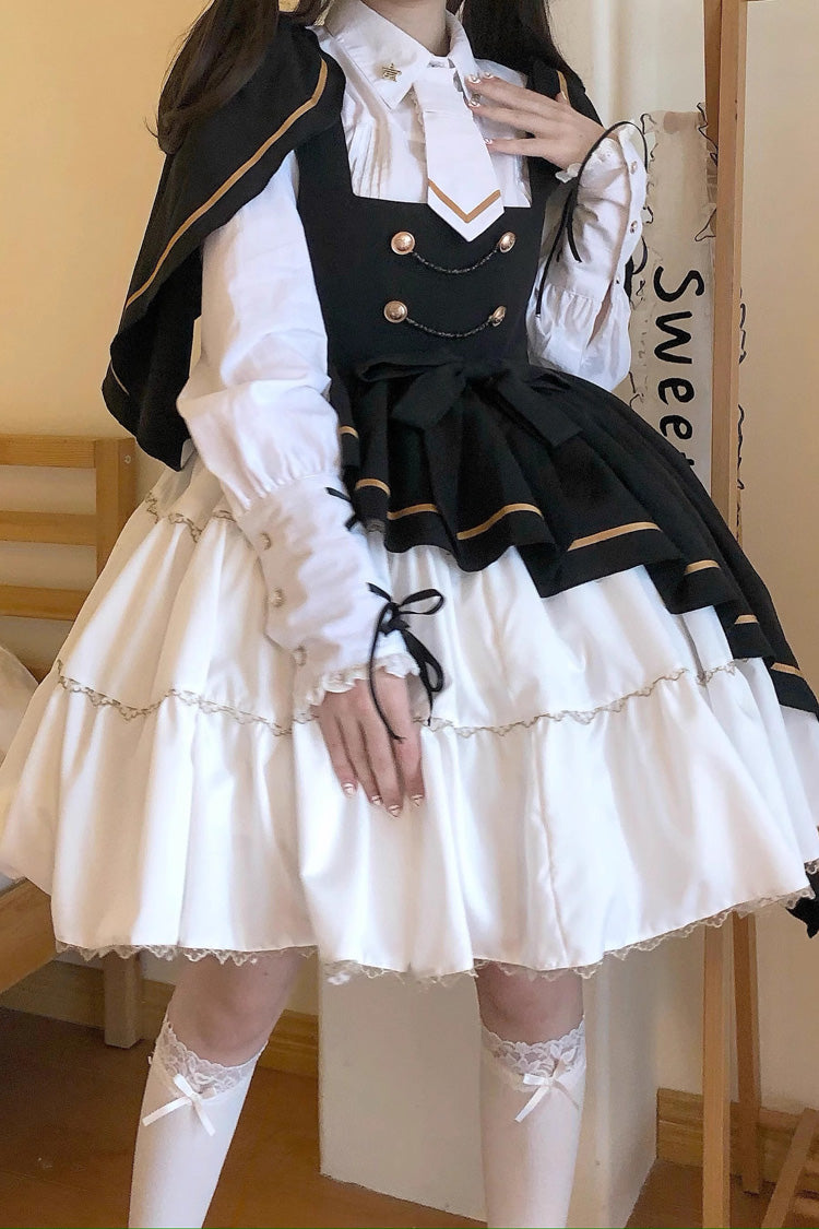 Black/White Commander Long Sleeves Ruffle Bowknot Irregular Sweet Lolita Dress Coat Cloak Set