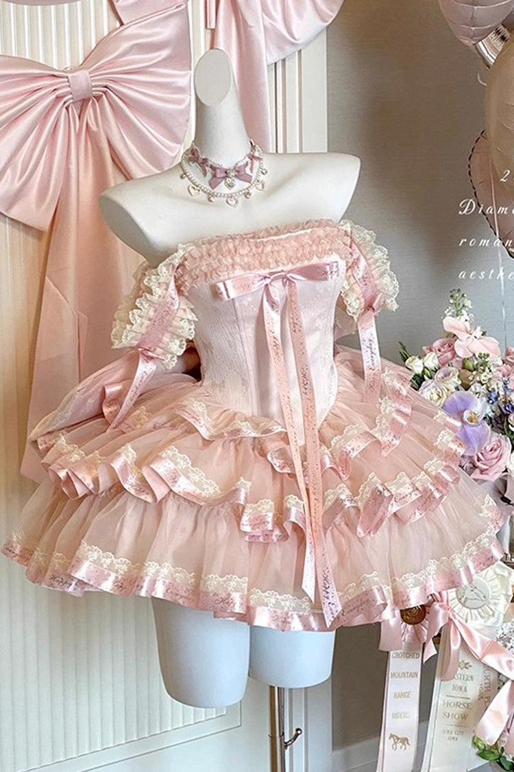 Pink Princess Ribbon Off Shoulder Triple-Layered Ruffle Bowknot Sweet Lolita Dress