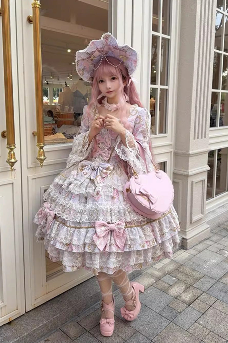 Purple Candlelight Elegance Long Trumpet Sleeves Multi-Layered Ruffle Bowknot Lace Sweet Elegant Lolita Dress