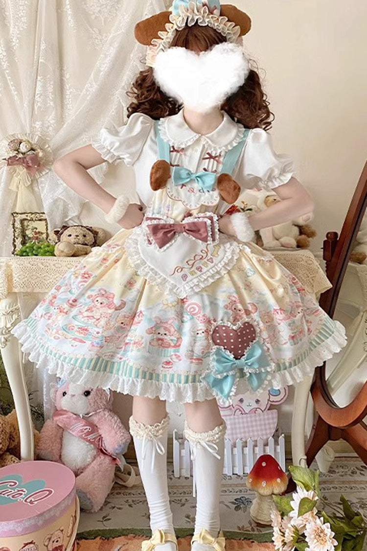 Multi-Color Sweet Pet Paradise Print Ruffle Bowknot Vintage Lolita Strap Dress