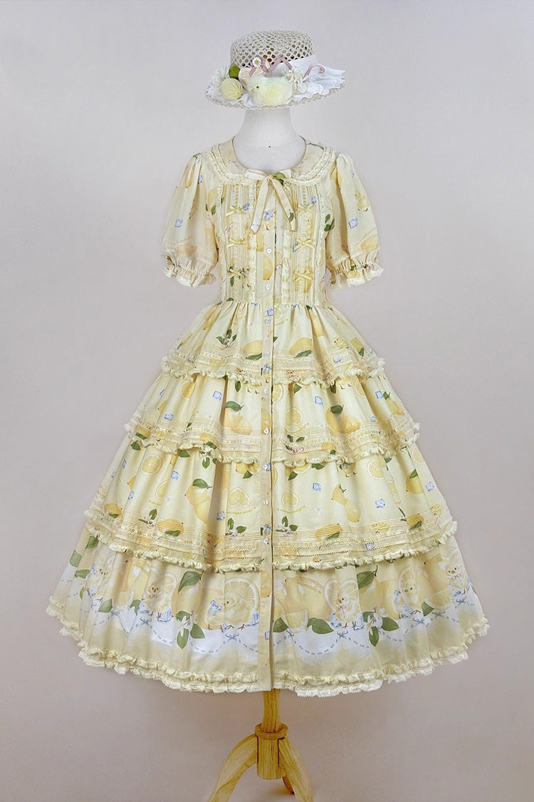 Yellow Lemon Chicken Short Sleeves Triple-Layered Print Ruffle Bowknot Lace Sweet Gorgeous Lolita Dress