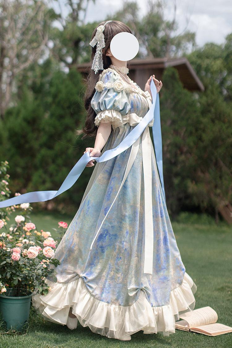 Blue Oil Painting Sun and Moon Poem Short Sleeves Print Ruffle Bowknot Sweet Princess Lolita Dress