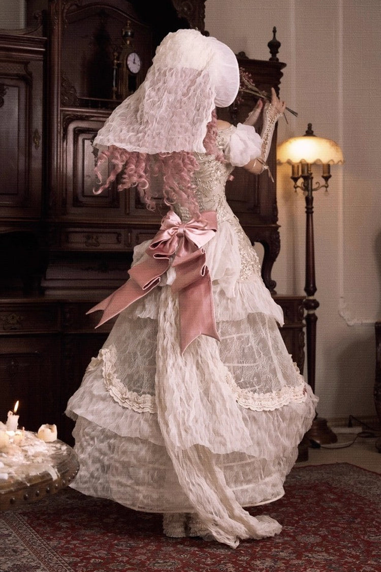 Light Brown Cupid's Poetry Box Boat Neck Short Puff Sleeves Ruffled Cut-Out Embroidered Bow Lace Gothic Elegant Lolita Skirt Dress and Top Set