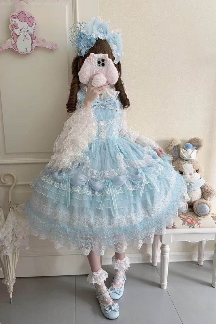 Blue Sugar Heart Knot Multi-Layered Ruffled Bow Lace Sweet Lolita Jsk Dress