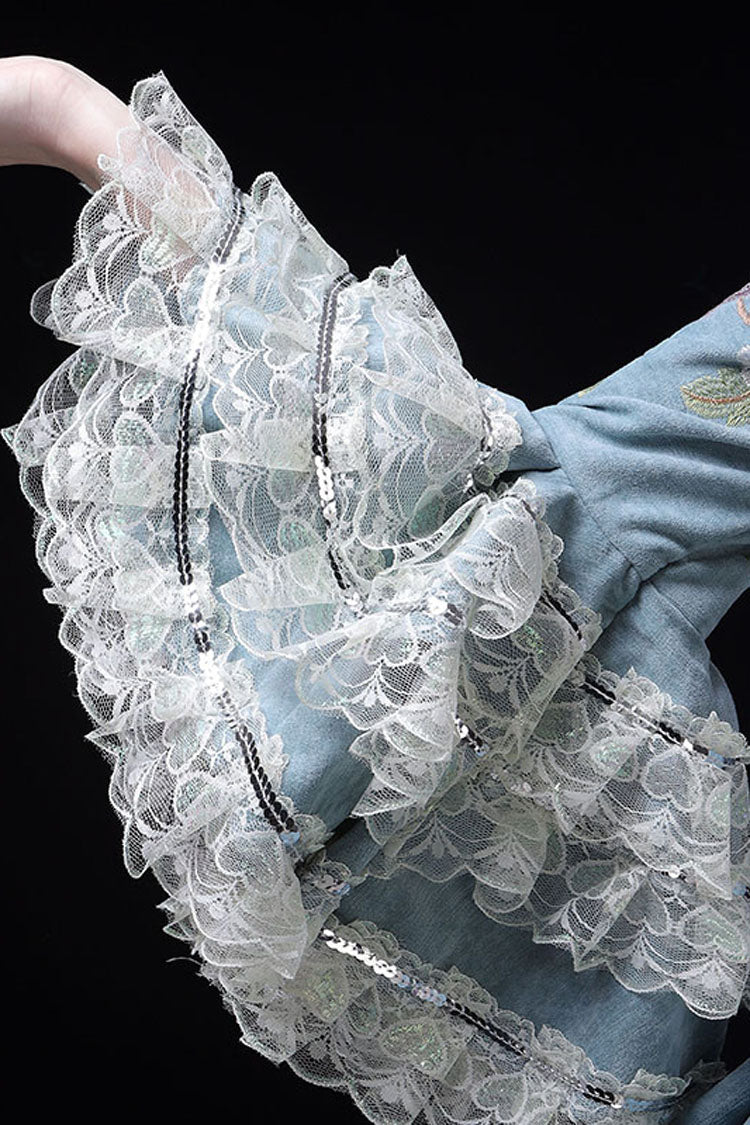 Blue Multi-Layer Trumpet Sleeves High Waisted Peacock Embroidery Print Victorian Lolita Prom Dress