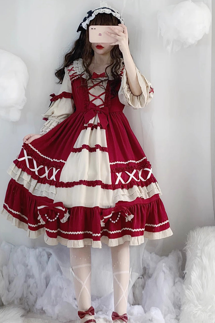 Wine Red Bowknot Long Sleeves Ruffle Sweet Lolita Op Dress