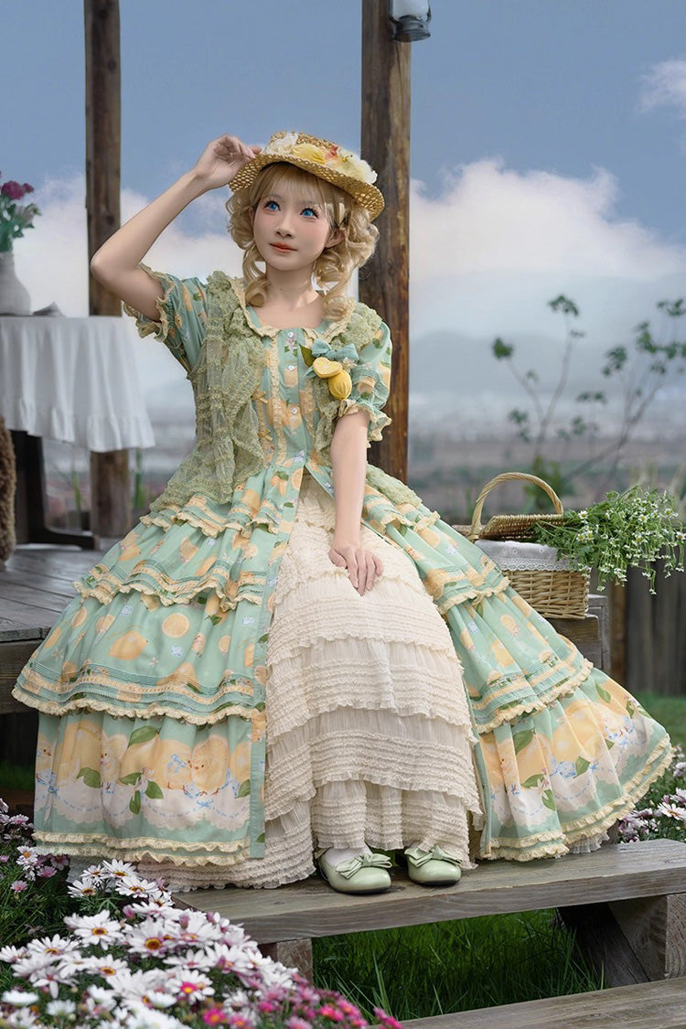 Green Lemon Chicken Short Sleeves Triple-Layered Print Ruffle Bowknot Lace Sweet Gorgeous Lolita Dress