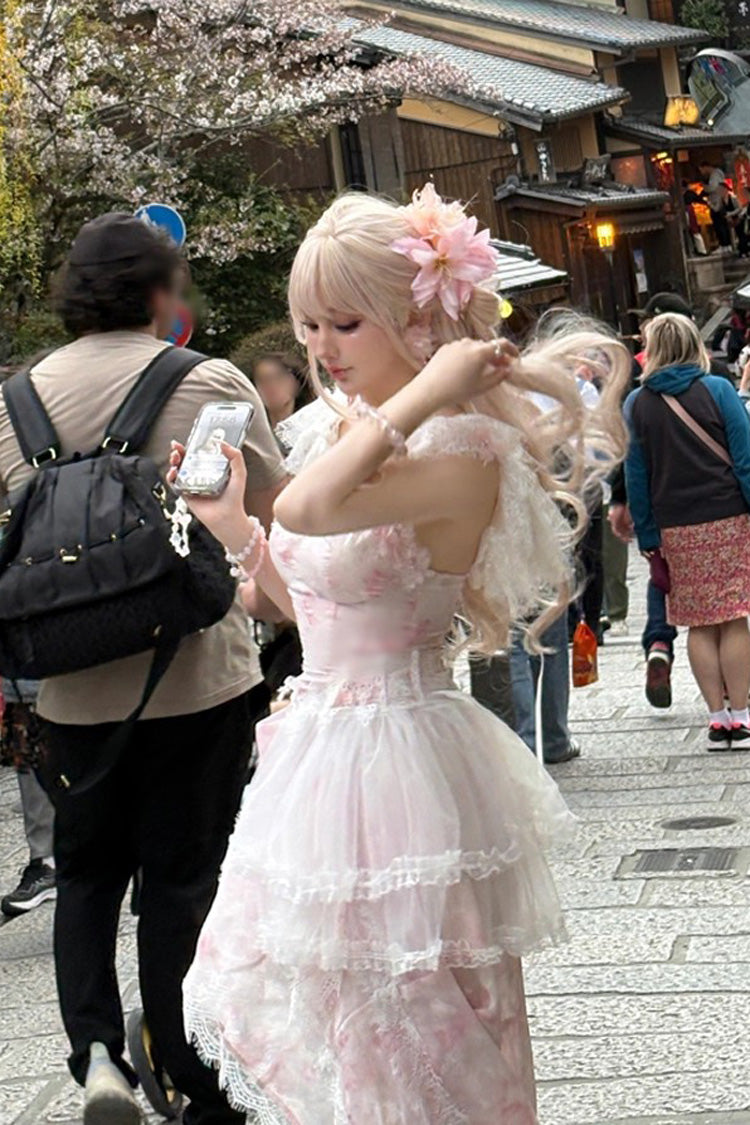 Pink Sakura Trio Sleeveless Double-Layered Ruffle Bowknot Lace Sweet Princess Lolita Jsk Dress