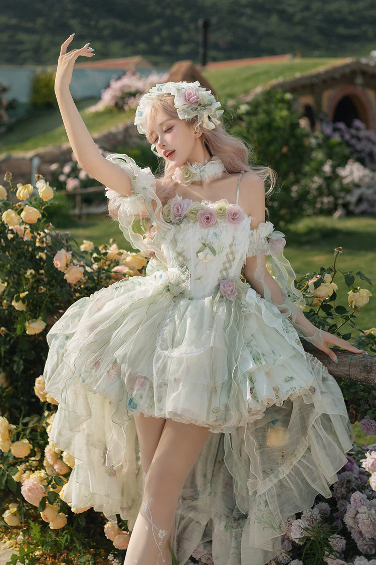 Green Spring Rose Sleeveless Multi-Layered Bowknot Lace-Up Fishbone Sweet Lolita Jsk Dress