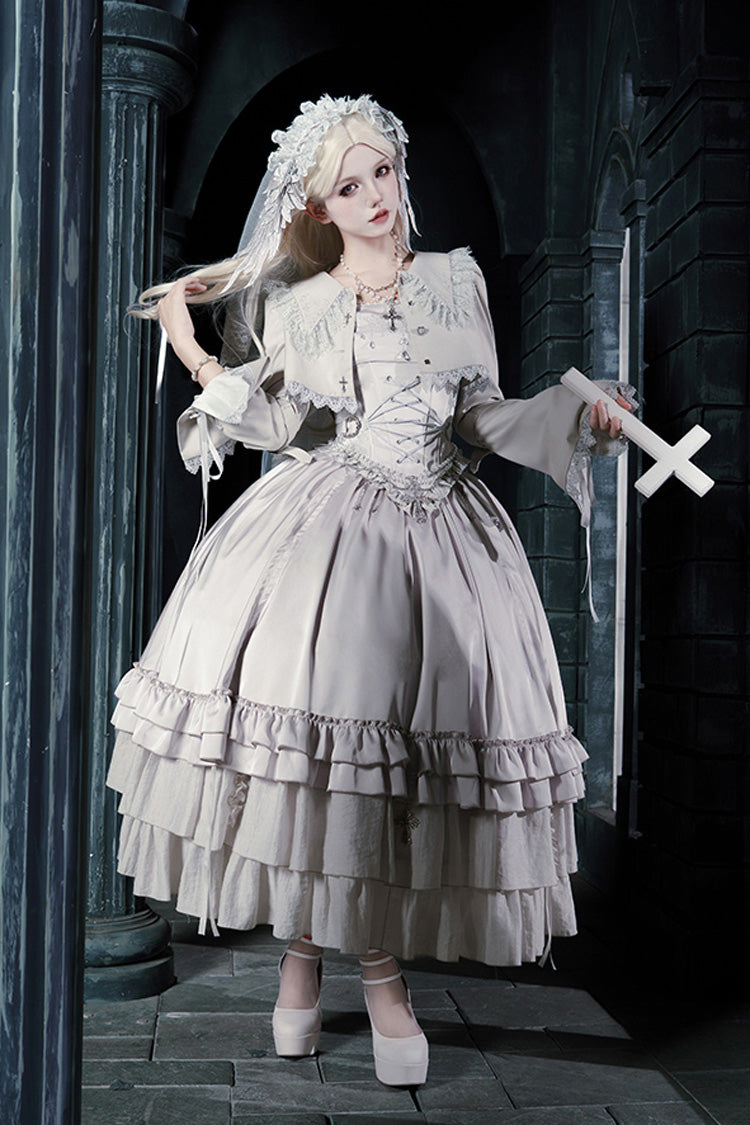 Solid Color Bionic Doll Square Collar Multi-Layered Ruffle Bowknot Lace-Up Gothic Lolita Long Skirt Corset Set