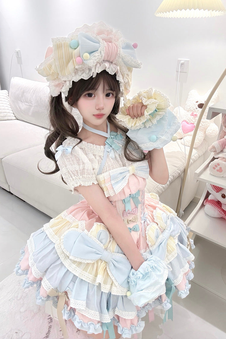 Multi-Color Ribbon Dance Multi-Layered Ruffle Bowknot Lace-Up Sweet Princess Lolita Dress