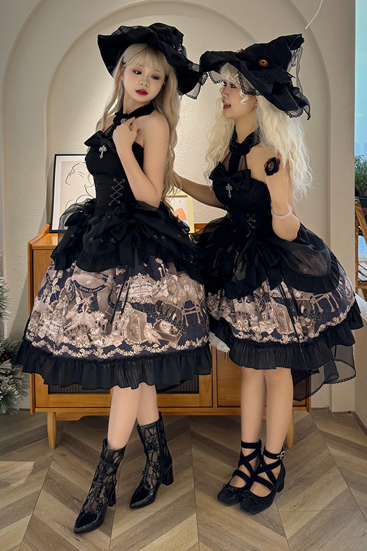 Black The Mystery of The Doll Halterneck Print Ruffle Bowknot Drawstring Gothic Lolita Dress