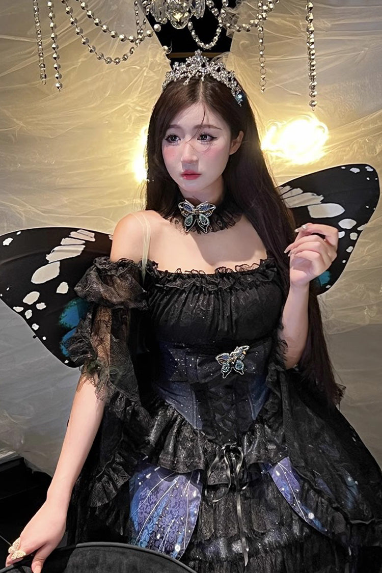 Black Sparkling Butterfly Print Bowknot Sweet Lolita Skirt