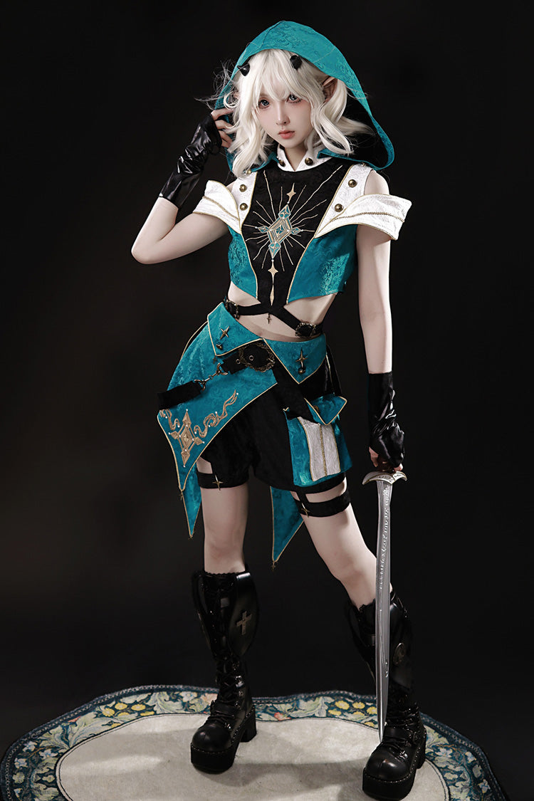 Blue/Green Traveler's Outfit Print Embroidery Hooded Ouji Fashion Sweet Handsome Lolita Set